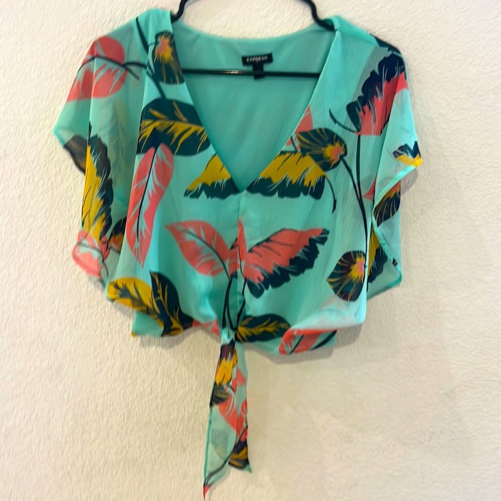 Express Cropped T-shirt Tie in Front Teal Blue with Leaves Medium
